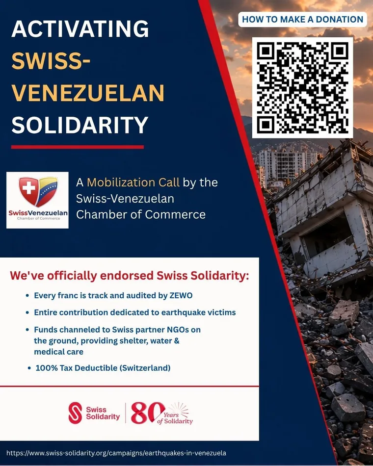 Afiche de Swiss Solidarity — Cámara de Comercio Suizo-Venezolana